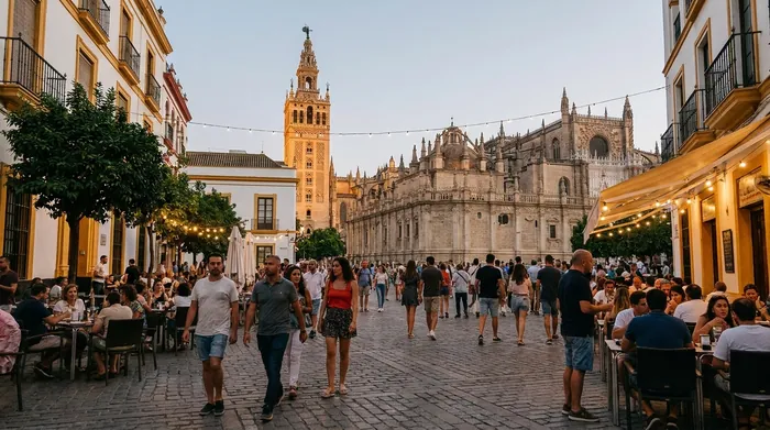 Illustration of an evening crowd in a Seville square
