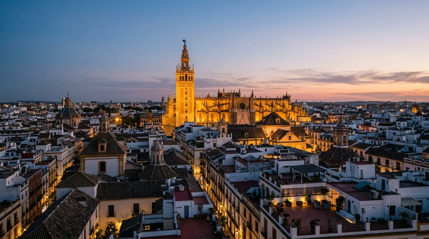 Illustration of Seville's old city at dusk with the cathedral tower lit
