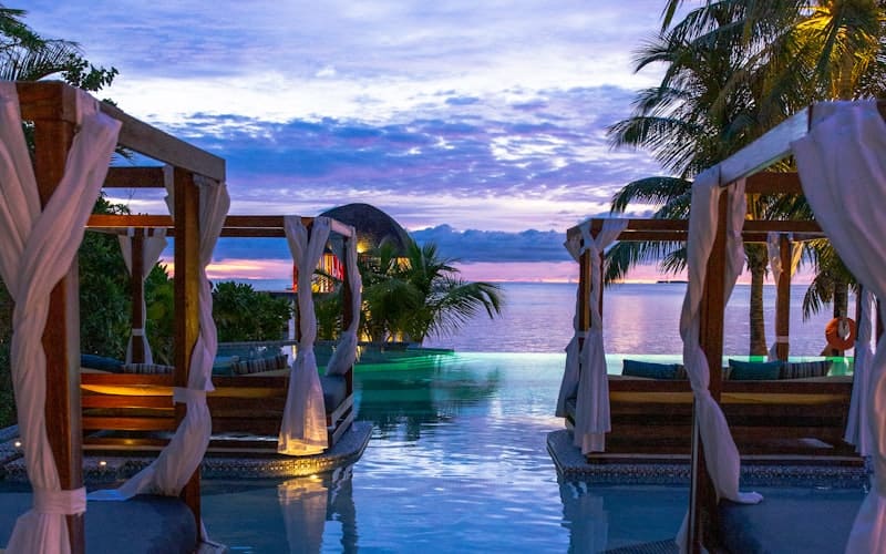 Relaxing hammock area beside a small tropical swimming pool surrounded by lush plants at a budget hostel in Thailand