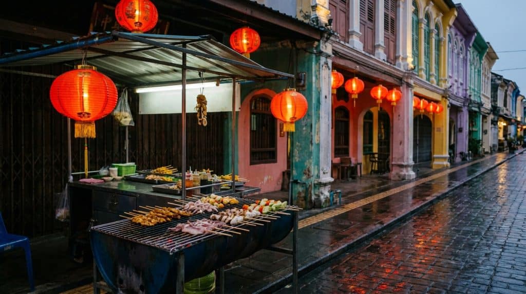 Colorful Chinatown street illuminated by red lanterns and wet pavement after rain.