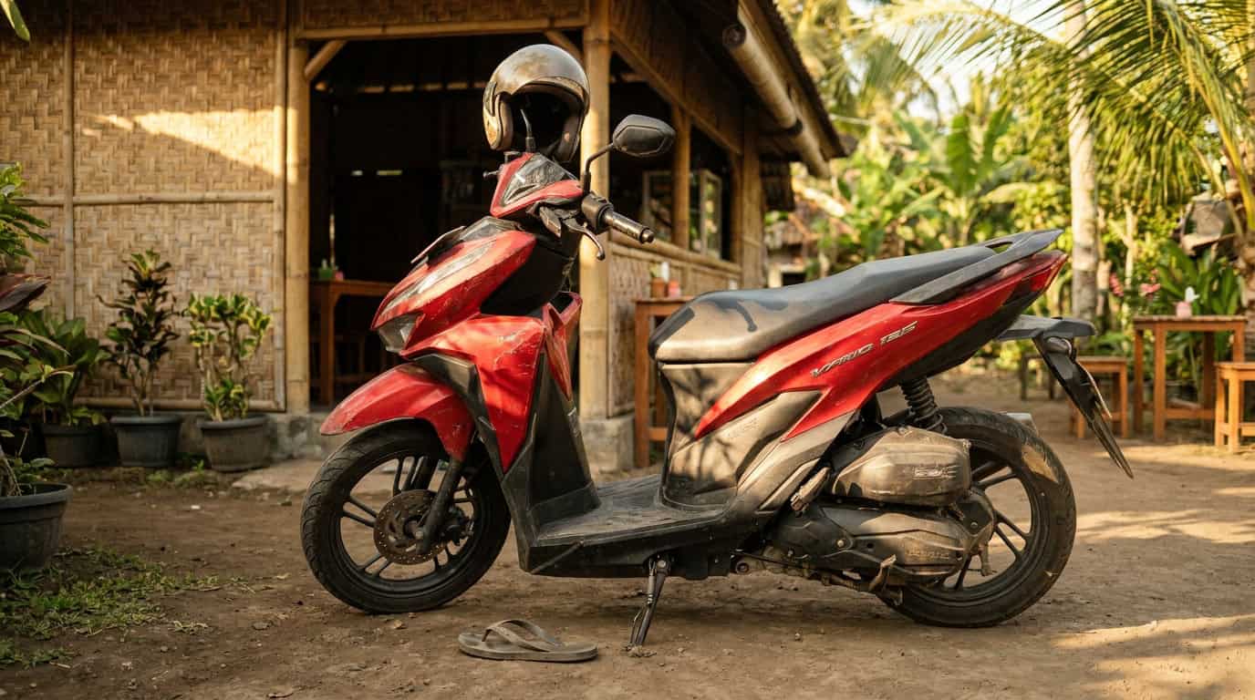 Honda Vario 125cc rental scooter parked outside a Balinese warung with helmet on the handlebar and warm afternoon light