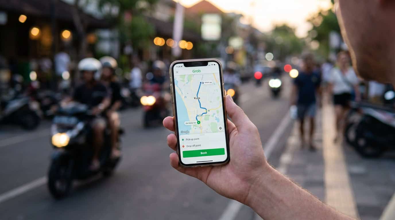 Smartphone showing Grab app with ride request on Kuta Bali map and blurred motorbikes passing in background at dusk