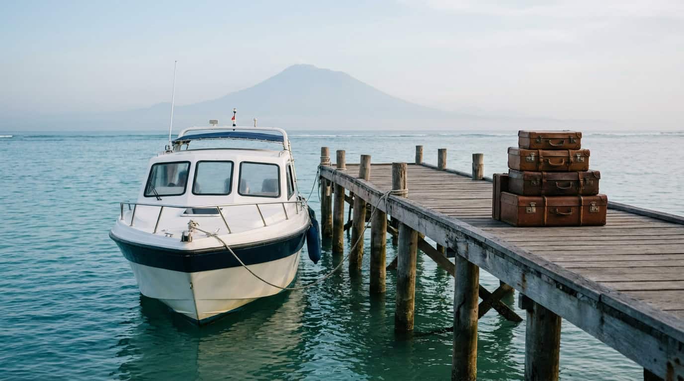 Fast speedboat tied at wooden jetty at Sanur harbor Bali with calm turquoise water and distant Mount Agung volcano in early morning haze