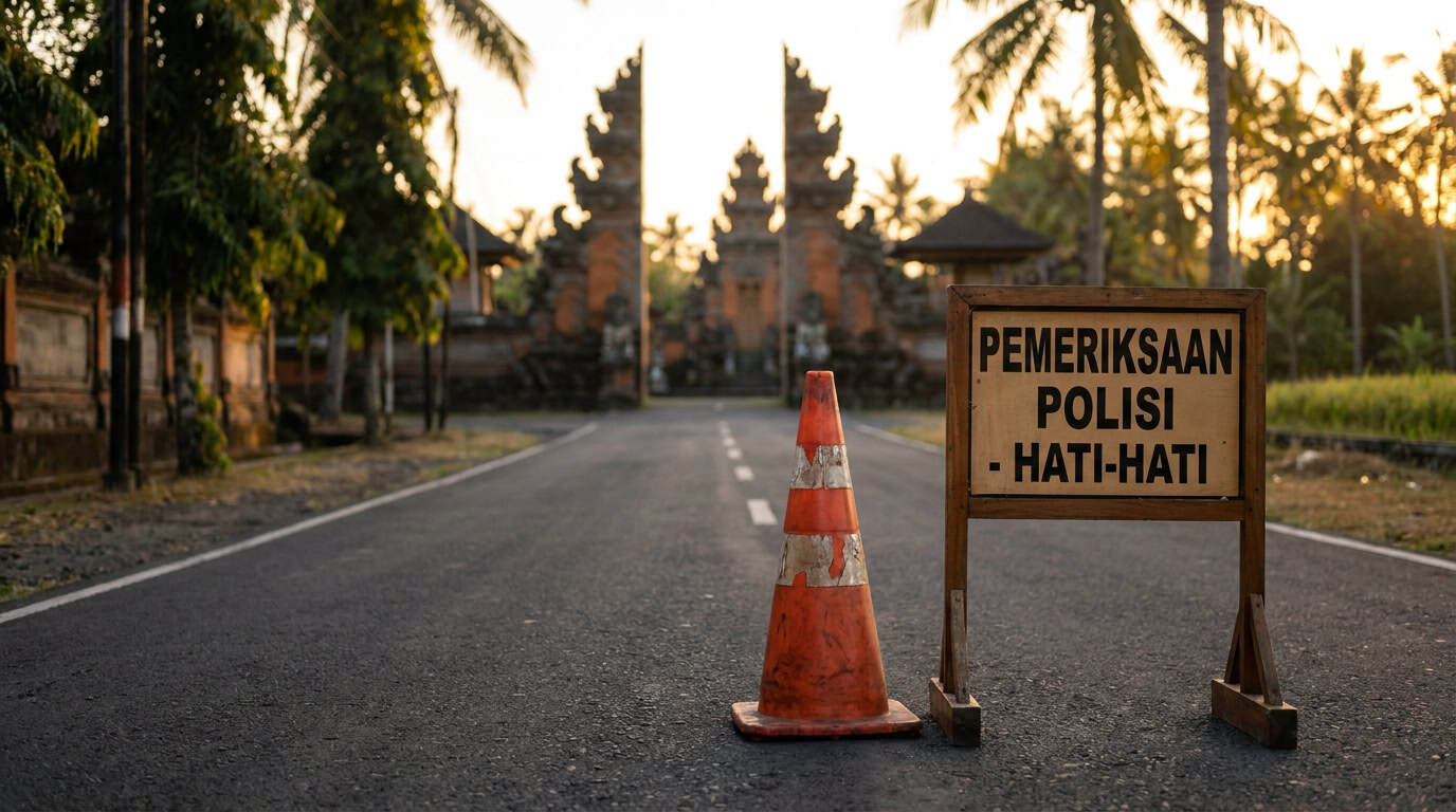 Roadside Balinese police checkpoint with traffic cone and warning sign in Bahasa Indonesia on empty road toward temple gate