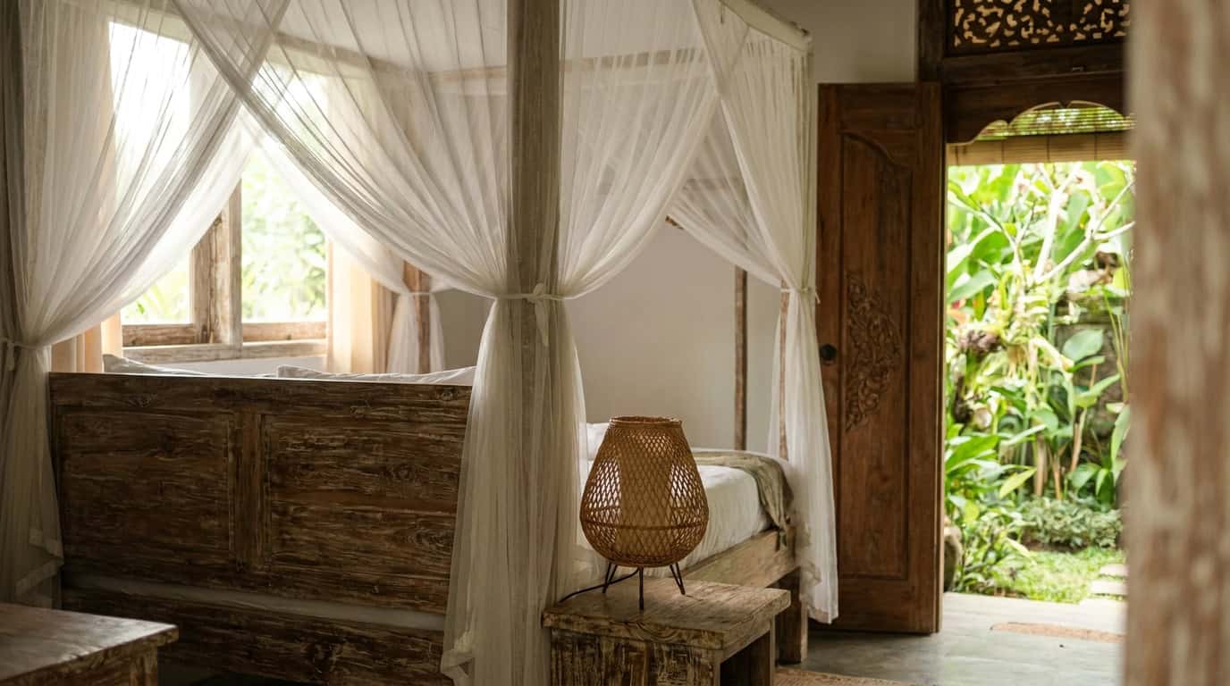 Budget bungalow bedroom in Ubud Bali with wooden four-poster bed white mosquito net rattan lamp and garden view through carved door