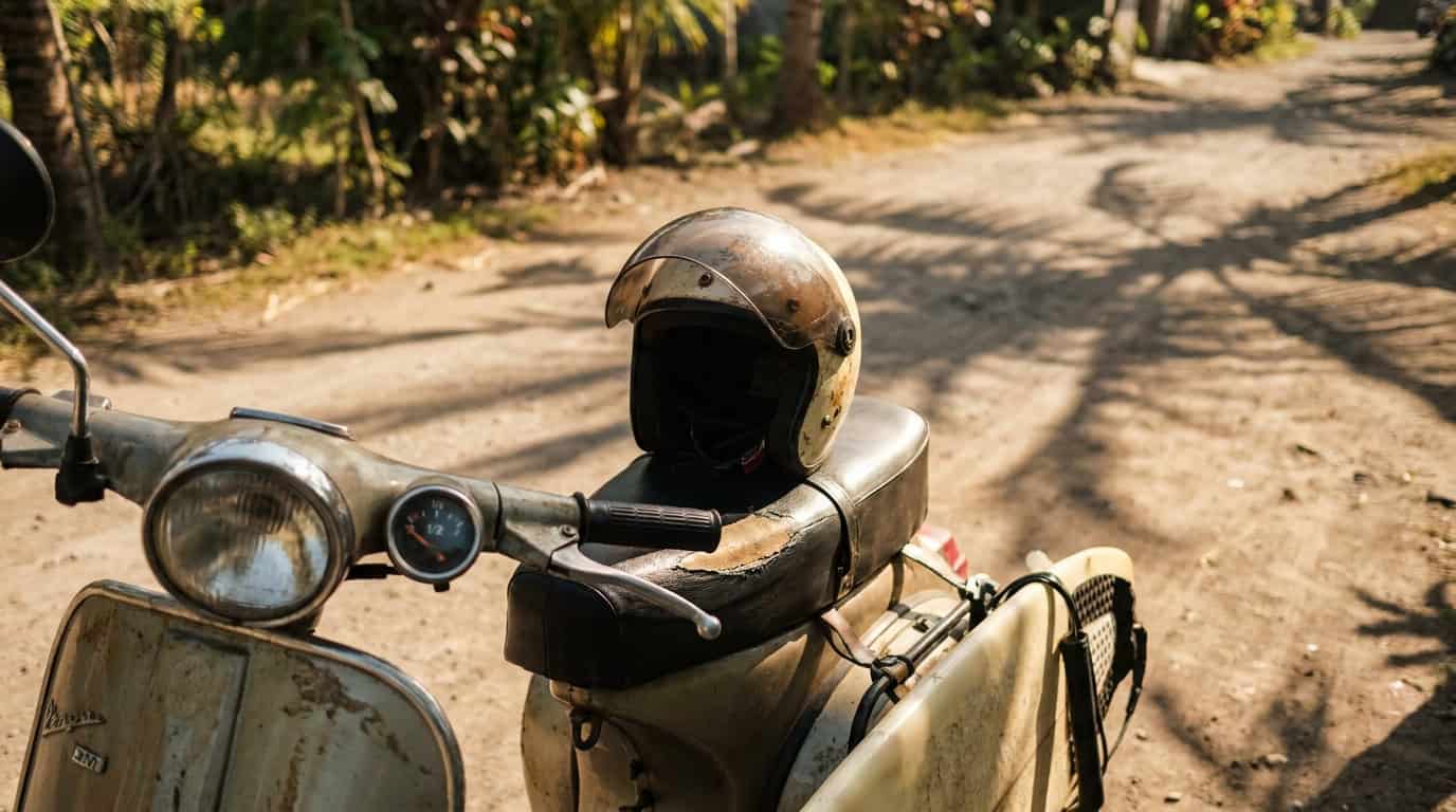 Half-open helmet on rental scooter seat in Canggu Bali with surf rack attached and afternoon golden light with palm shadows