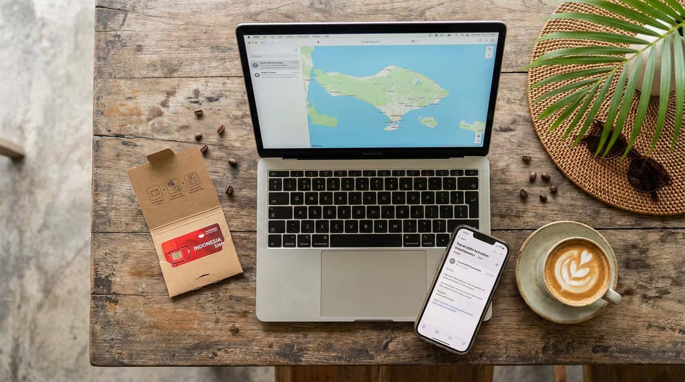 Overhead flat-lay of laptop with map, phone showing eSIM activation email, Indonesian SIM packaging and coffee on Canggu cafe table