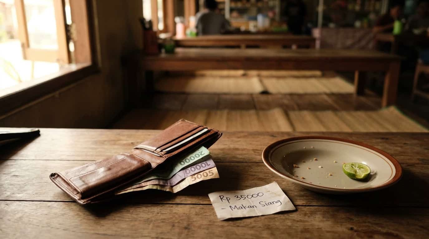 Worn leather wallet open on warung table with Indonesian rupiah notes and handwritten 35000 rupiah meal receipt beside empty plate
