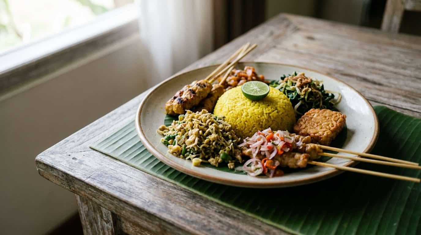 Single plate of nasi campur Bali with yellow rice sate lilit lawar urap sambal matah and fried tempeh on rustic ceramic plate with banana leaf