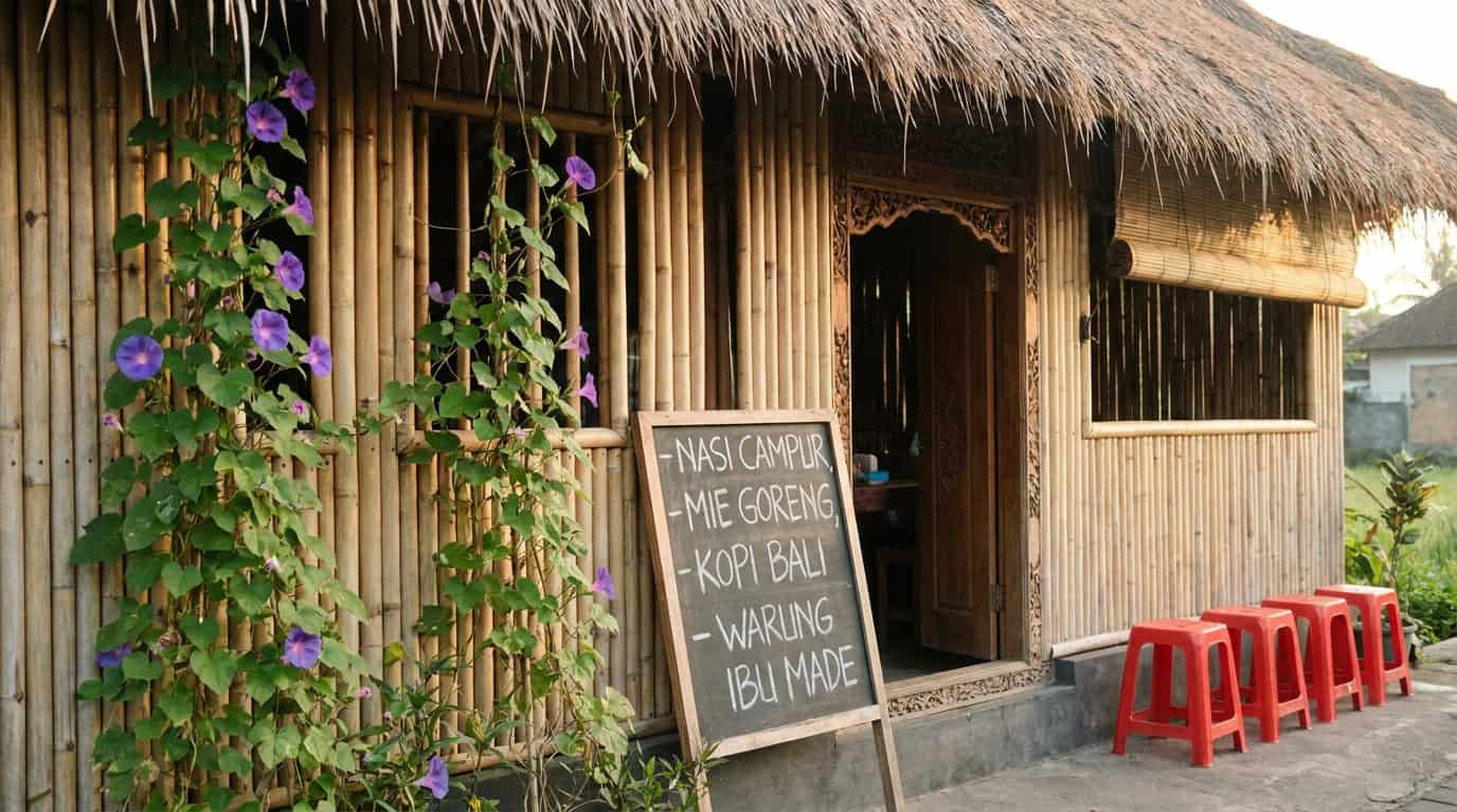 Exterior of a small traditional Balinese warung in Ubud with handwritten chalkboard menu bamboo walls and red plastic stools in morning light