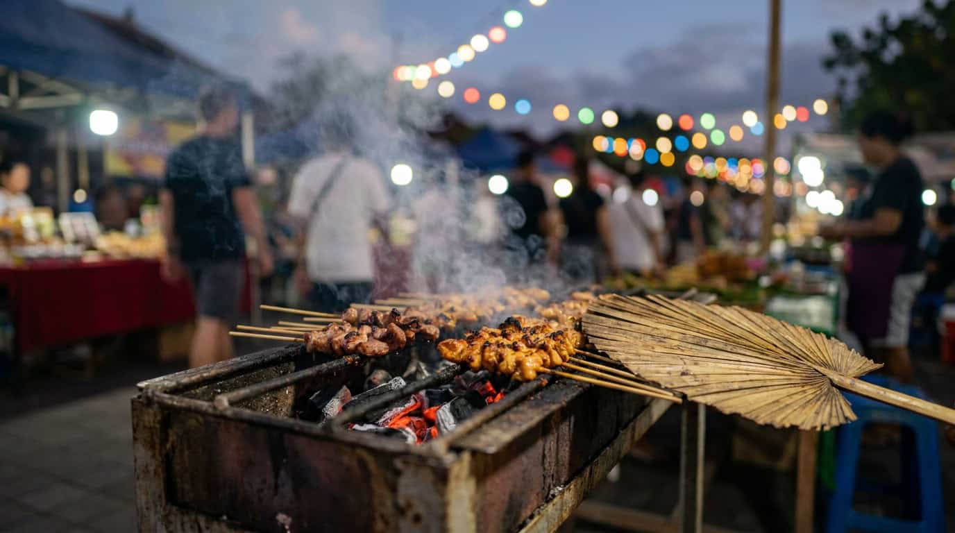 Satay grilling station at Bali night market at twilight with skewers over glowing charcoal smoke rising and colored string lights above