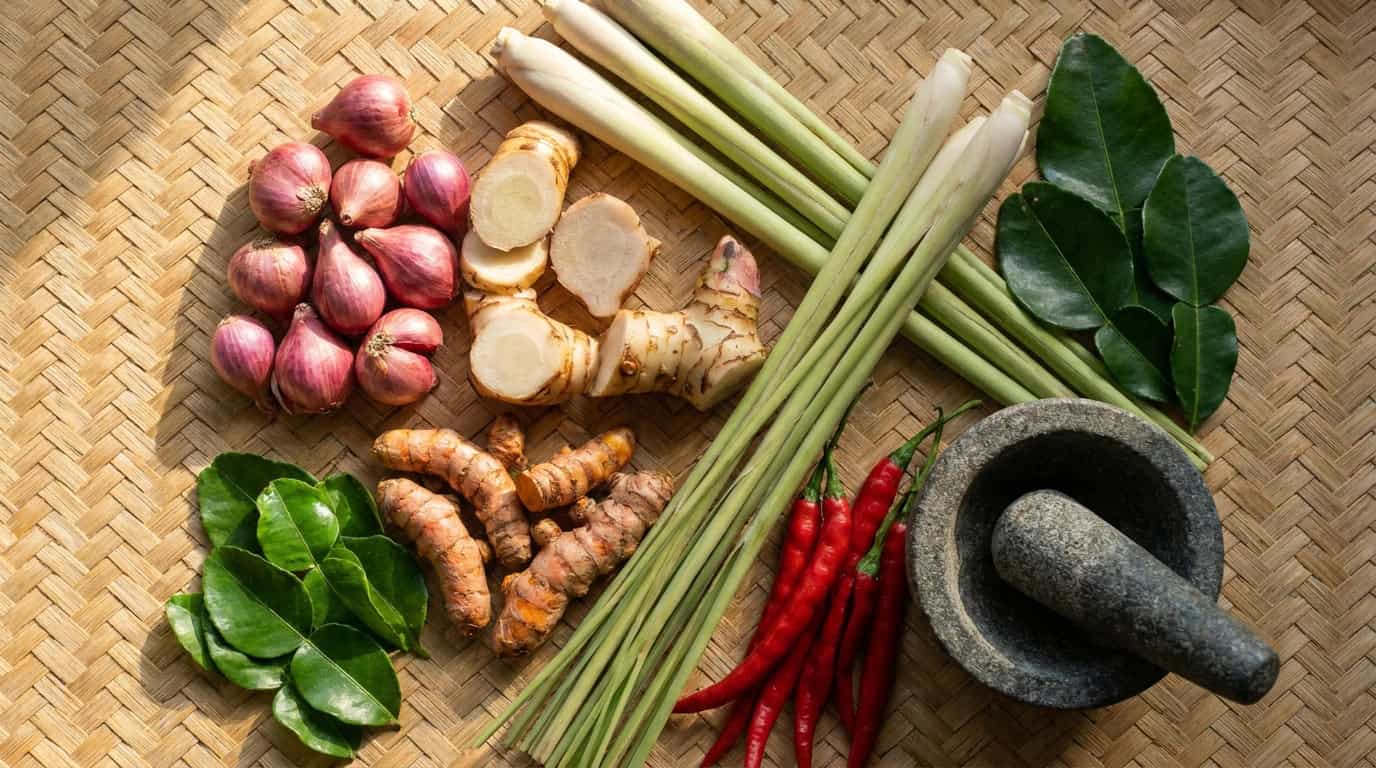 Overhead flat-lay of fresh Balinese cooking class ingredients shallots galangal turmeric lemongrass chilies and lime leaves with stone mortar