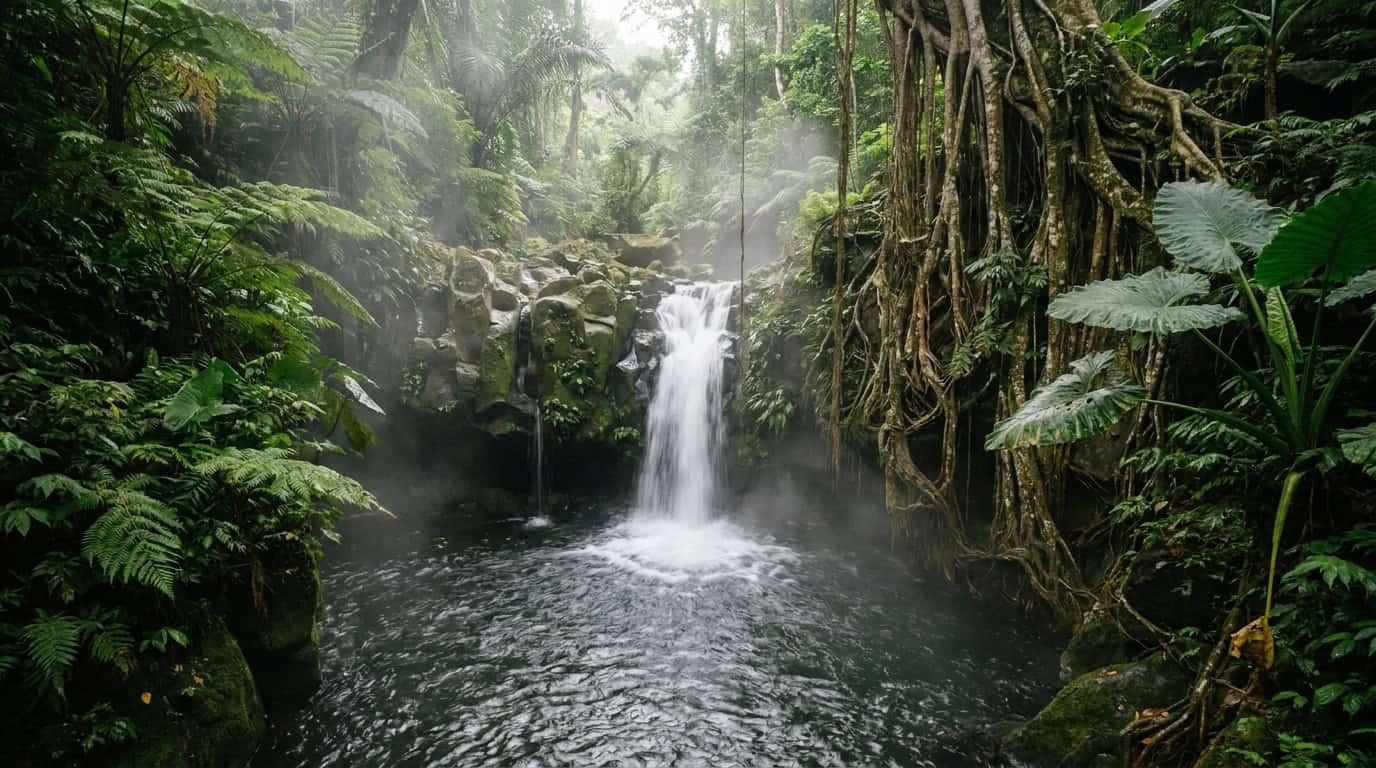 Hidden jungle waterfall in Bali cascading down mossy basalt rocks into dark pool with tropical ferns banyan roots and drifting mist