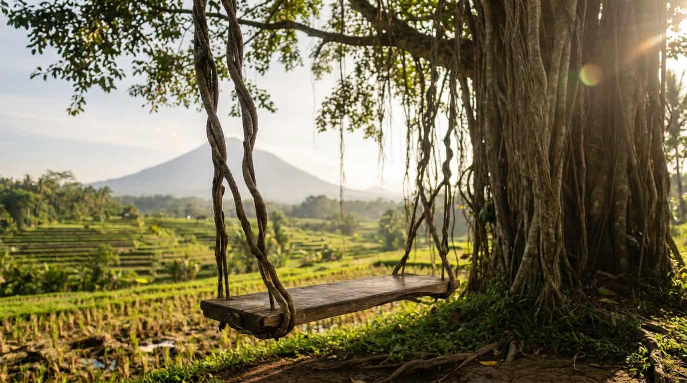 Wooden jungle swing with thick vine ropes hanging from tall banyan tree in Ubud Bali with ricefield valley and distant volcano in background