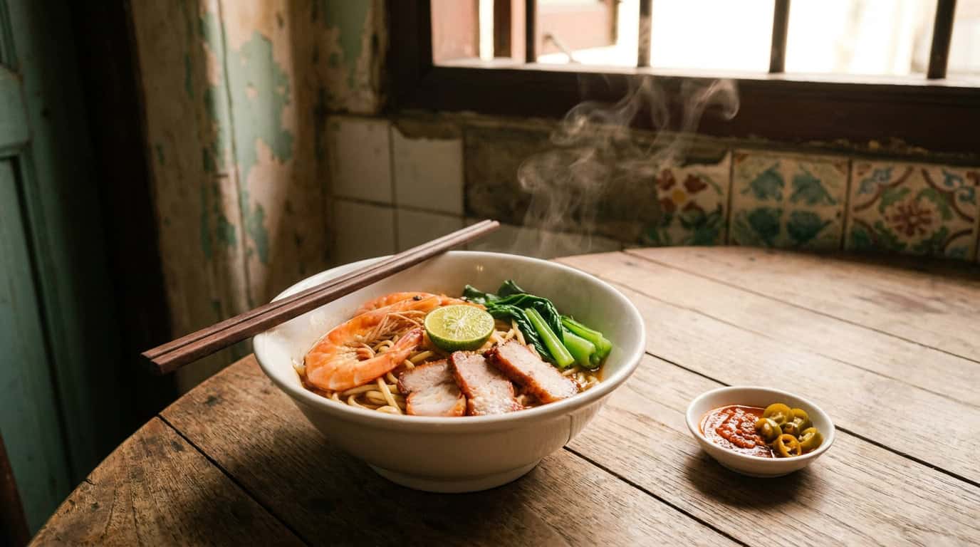 Steaming bowl of Mee Hokkien noodles in Phuket Old Town shophouse with prawns sliced pork greens lime chopsticks and chili sauce on wooden table