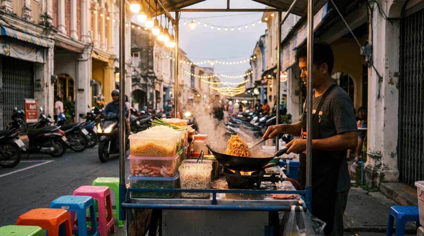 Open-air street food cart in Phuket Old Town with wok sizzling pad thai stacked ingredients colorful stools and warm string lights at dusk