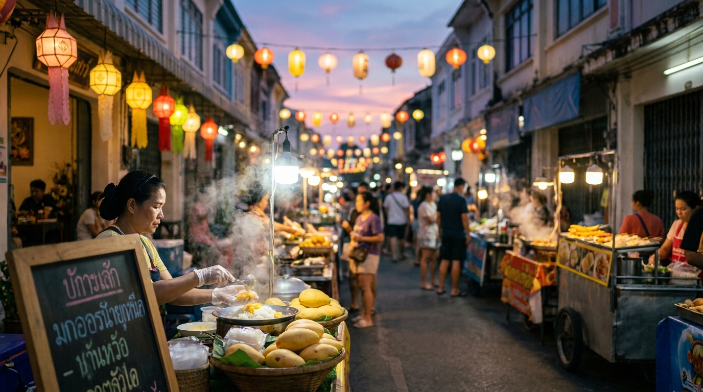 Long overhead shot of Phuket night market alley at twilight with food stalls steam hanging lanterns and mango sticky rice in focus