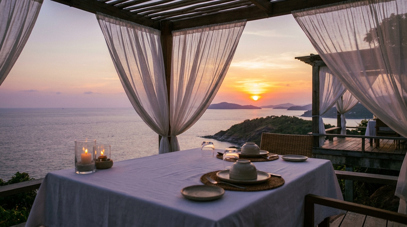 Clifftop restaurant terrace in Phuket at sunset with white-clothed table set for two candles lit and Andaman Sea stretching to horizon