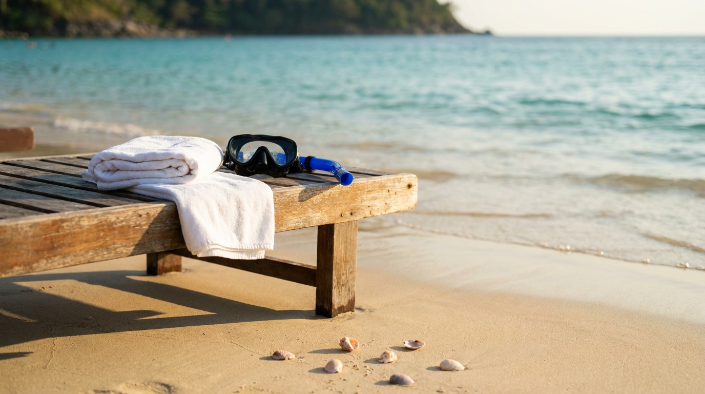 Wooden beach lounger with folded white towel and snorkel set on Kata Beach Phuket with crystal clear turquoise water and seashells