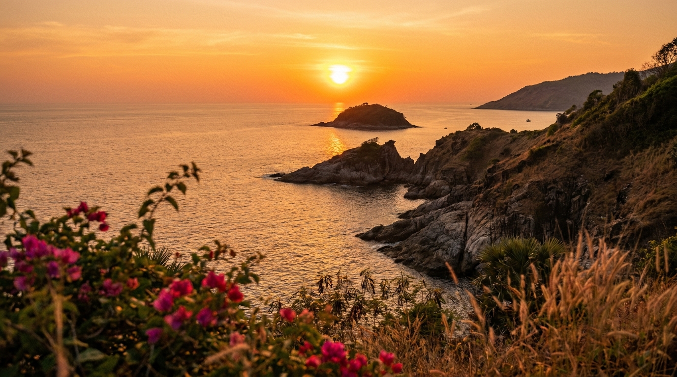 Panoramic view from Phromthep Cape Phuket at golden hour looking at Andaman Sea and rocky coastline with tropical shrubs in foreground