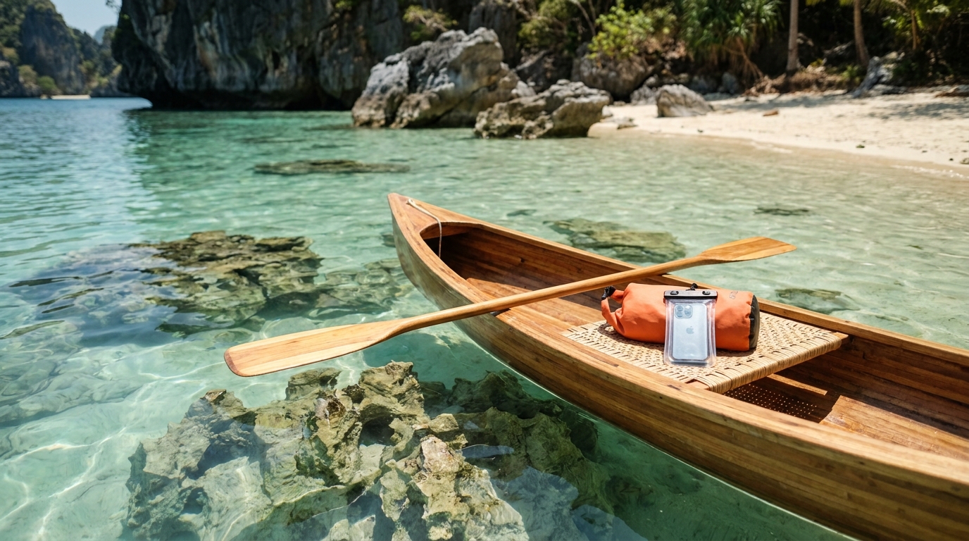Wooden kayak with single paddle resting in shallow turquoise water near Freedom Beach Phuket with limestone rocks underwater and dry bag
