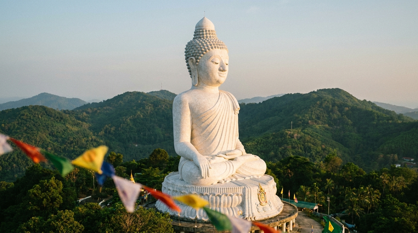 Big Buddha of Phuket statue on hilltop at late afternoon with white marble glowing in warm light and tropical green hills behind