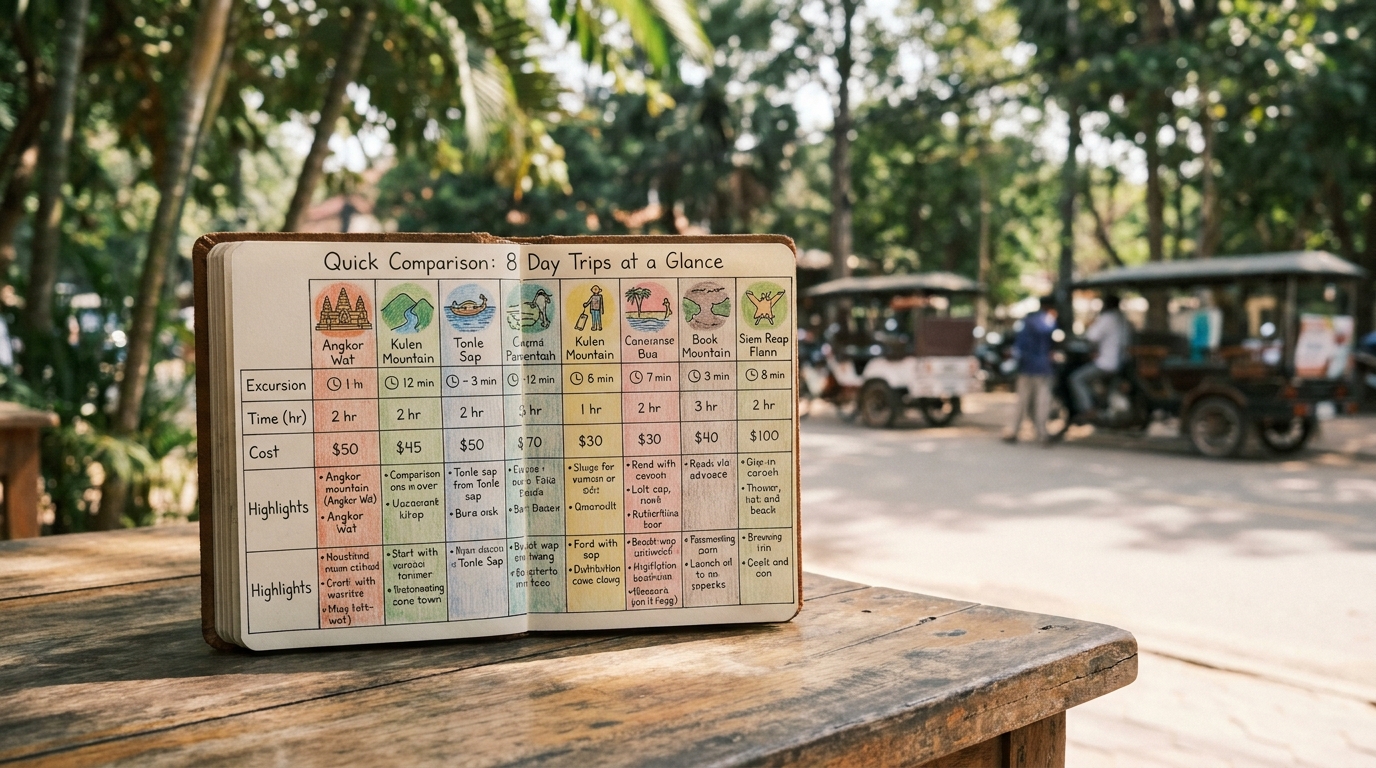 Quick Comparison: 8 Day Trips at a Glance in Siem Reap, Cambodia