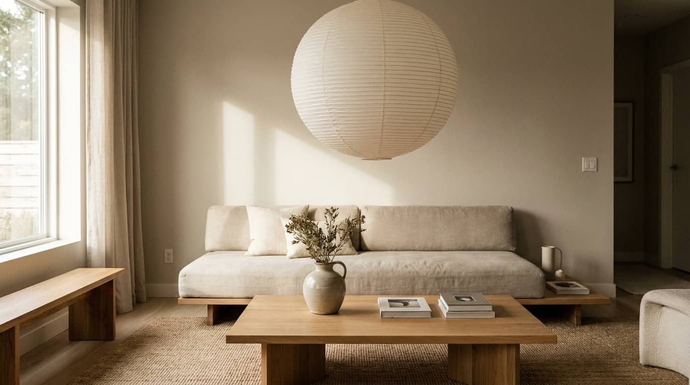 Japandi reading nook 2700K warm lighting