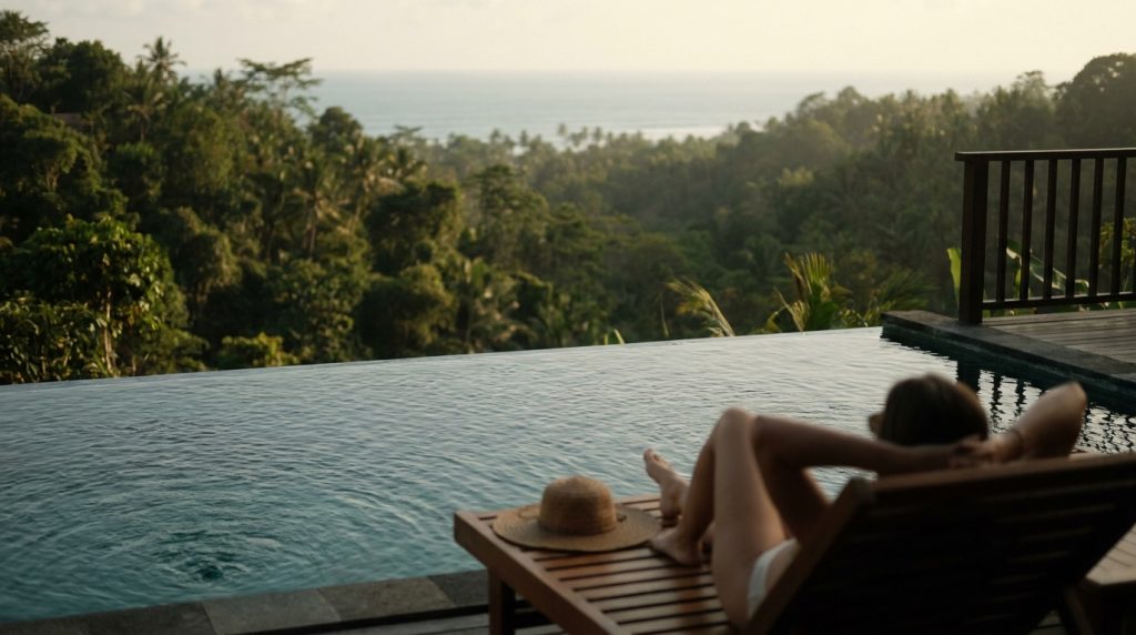 Relaxing poolside scene with a person lounging on a chair overlooking a lush forest and distant ocea.