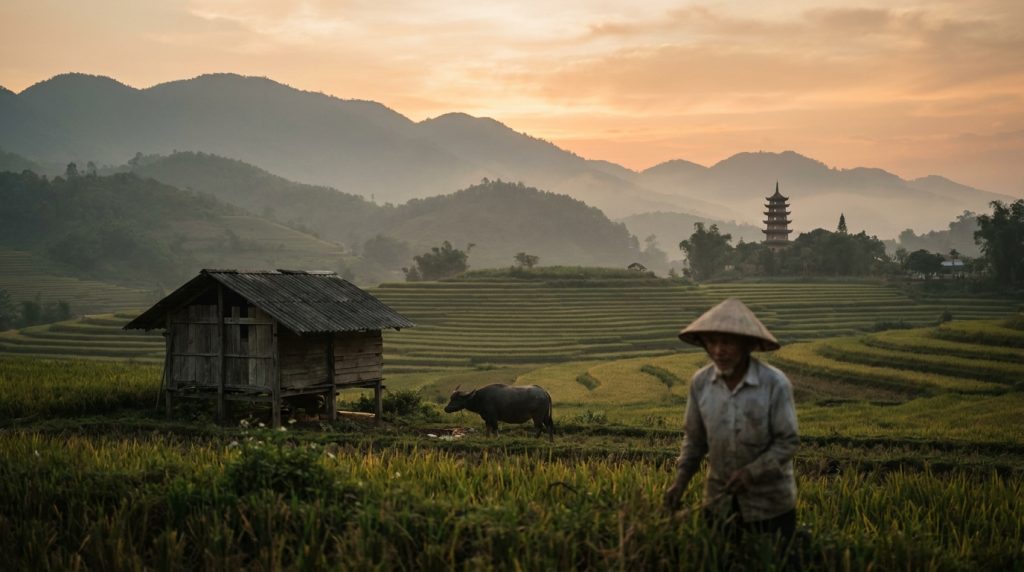 Sunset over lush rice fields with a farmer and traditional pagoda in the background.