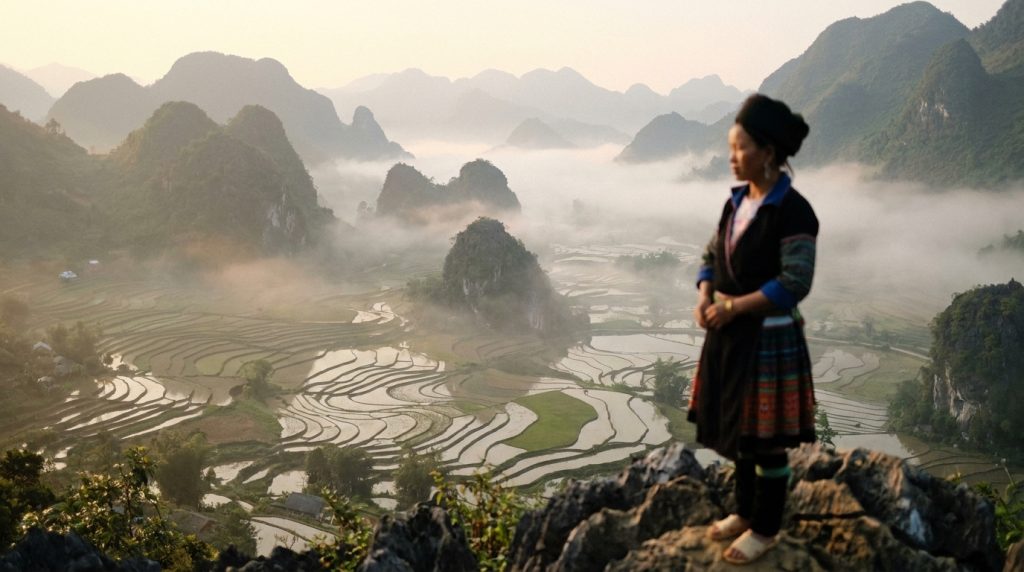 A woman in traditional attire overlooking terraced rice fields and misty mountains in Vietnam.