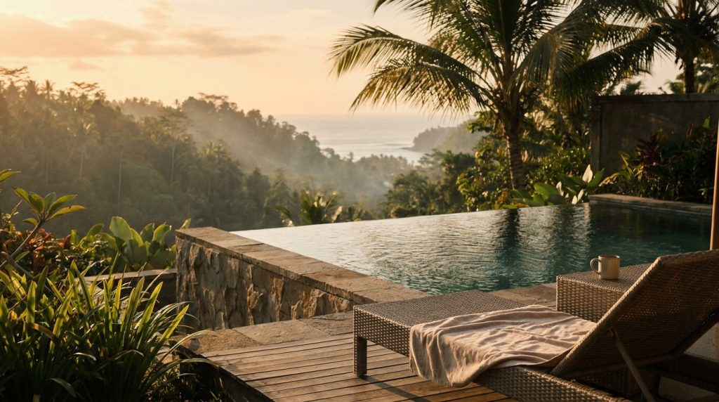 Relaxing poolside view overlooking lush tropical jungle at sunset. Perfect for a tranquil getaway in.