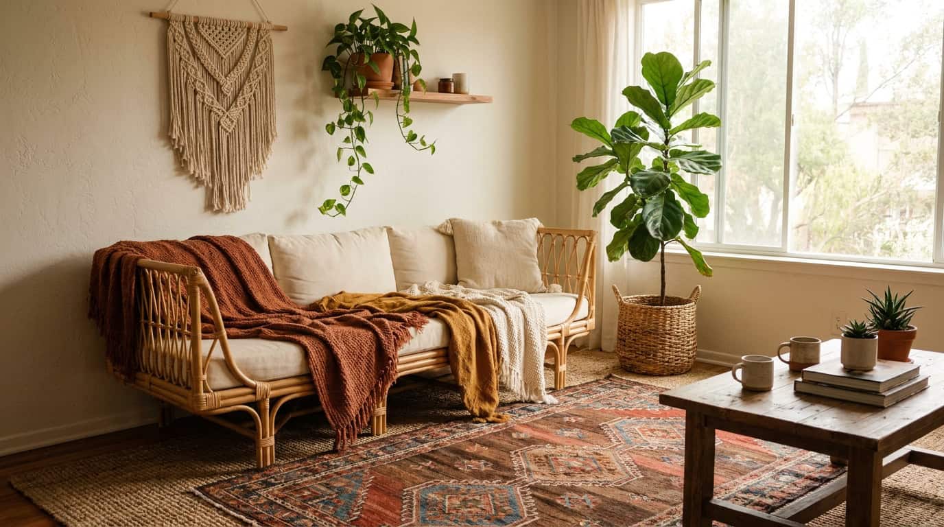 Boho pillow stack styled on sofa and bed