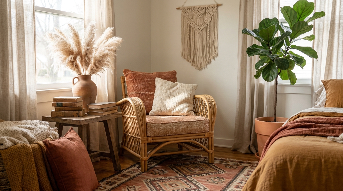 Boho living and bedroom storage