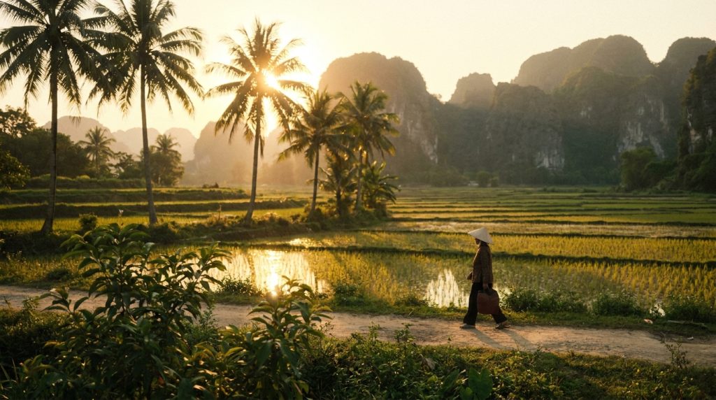 Woman walking through lush rice paddies with palm trees at sunset in a tropical landscape.