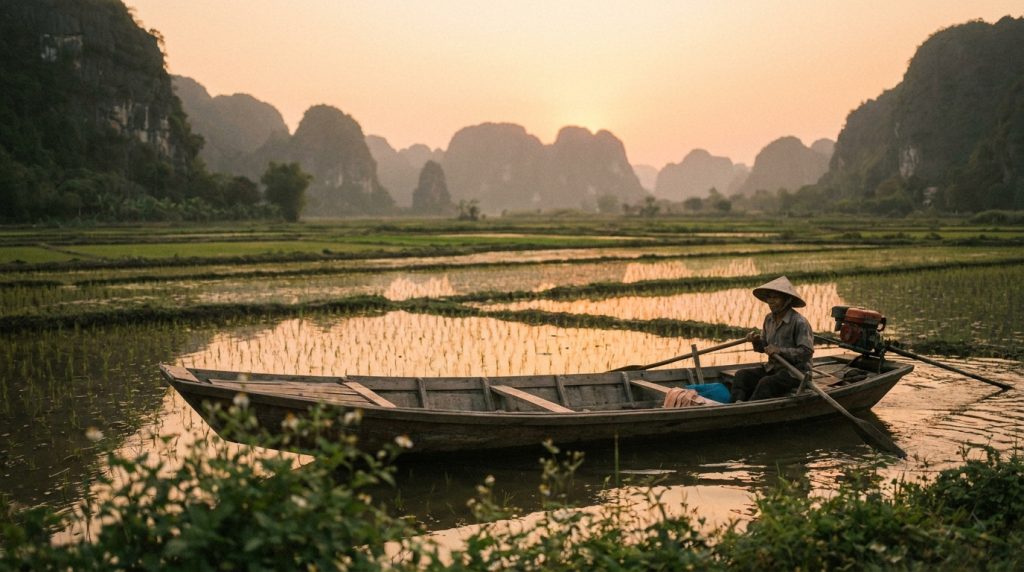 Peaceful boat ride on a river with a fisherman wearing a conical hat during sunset. Lush green lands.