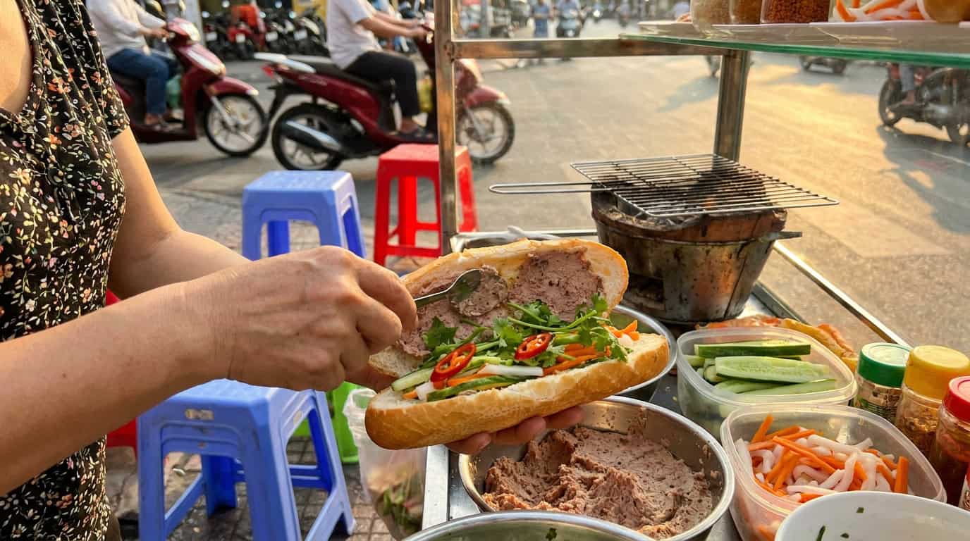 Vietnamese banh mi sandwich filled with pork, pickled vegetables and fresh herbs — Saigon street food