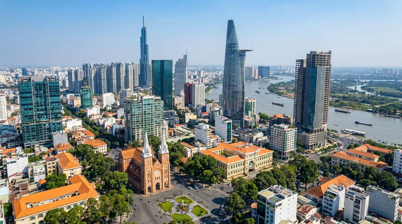 Aerial view of Ho Chi Minh City skyline with skyscrapers and colonial buildings, District 1