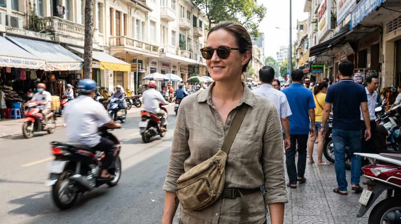 Tourist wearing crossbody bag securely against chest while walking District 1 Saigon street