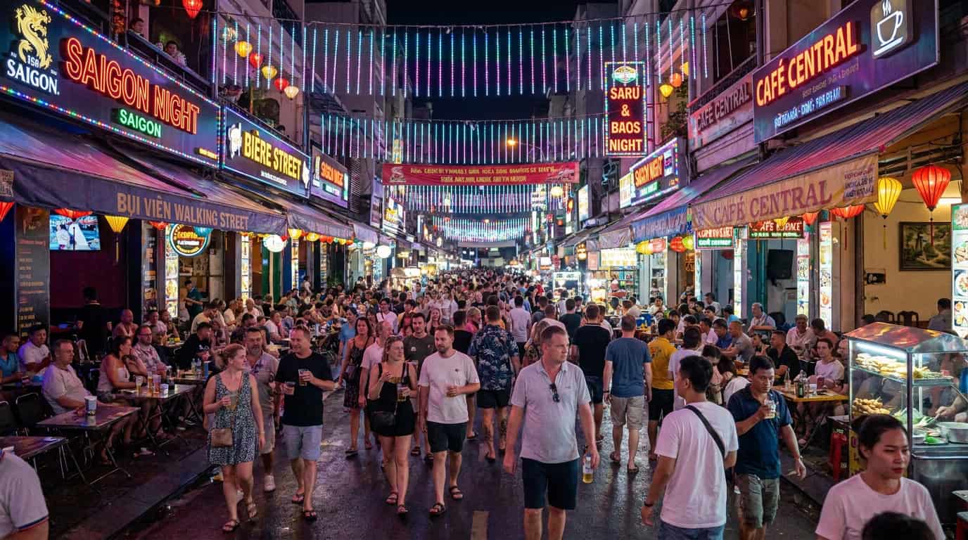 Bui Vien Walking Street Saigon at night with neon lights and crowds of tourists