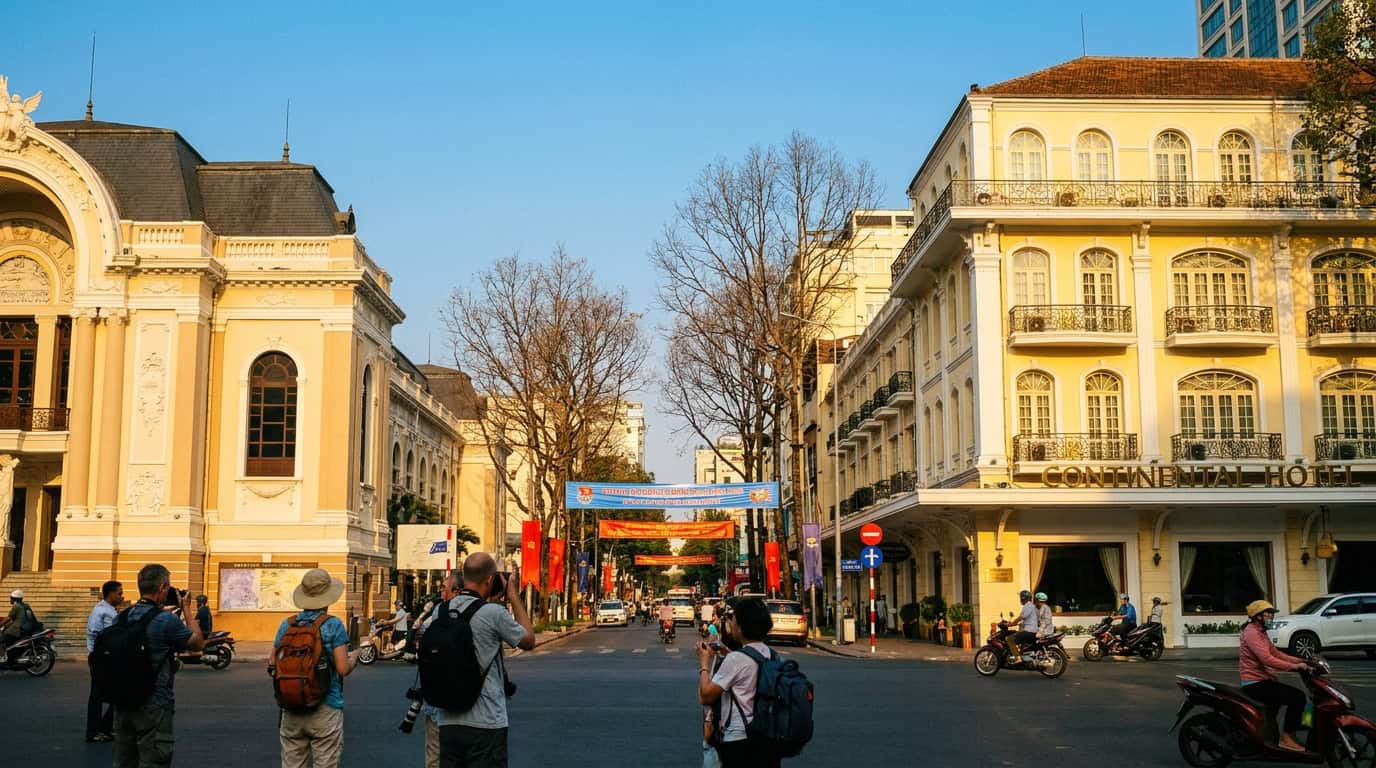 Best Time to Visit Saigon — Sunny Saigon street in District 1 during dry season with blue sky and colonial buildings