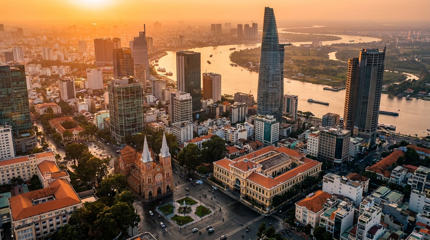 Saigon Itinerary — Aerial view of Ho Chi Minh City District 1 at golden hour with Saigon River and skyline