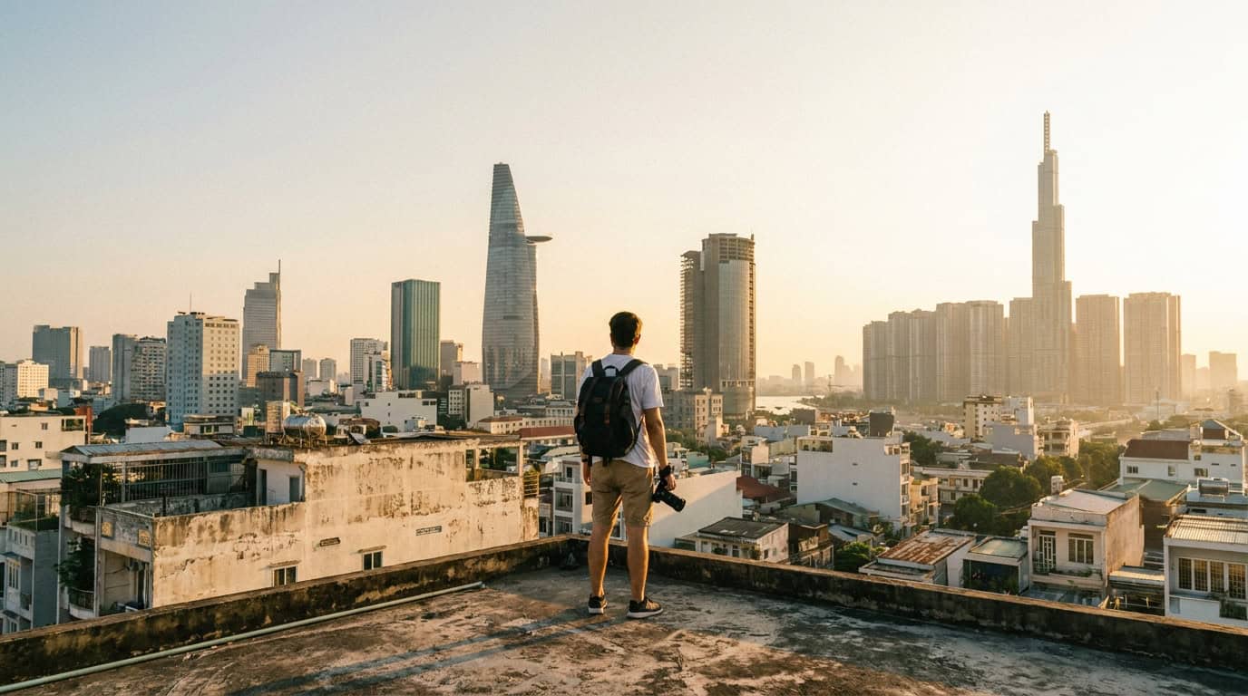 How Many Days in Saigon — Tourist overlooking Ho Chi Minh City skyline from a Saigon rooftop at golden hour