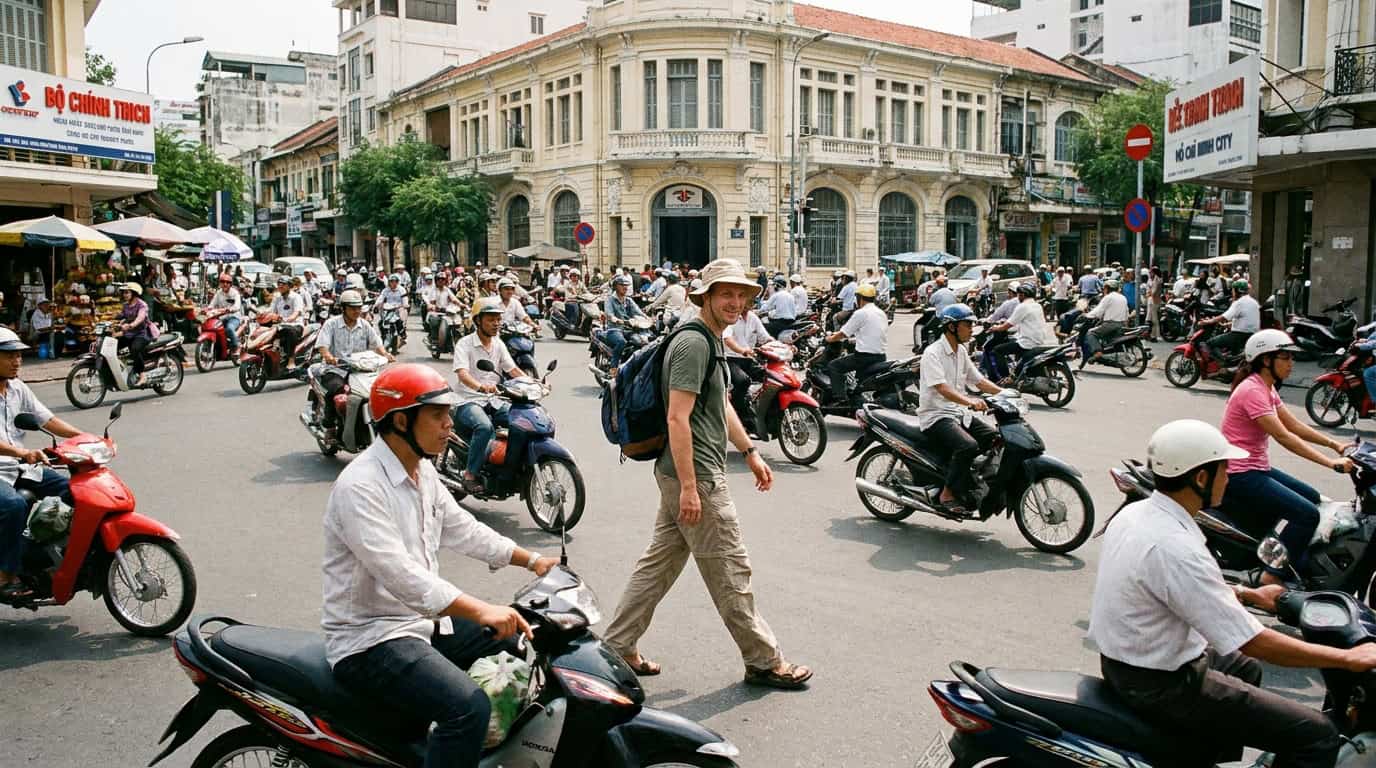 Tourist crossing busy street in Ho Chi Minh City with motorbikes flowing around them
