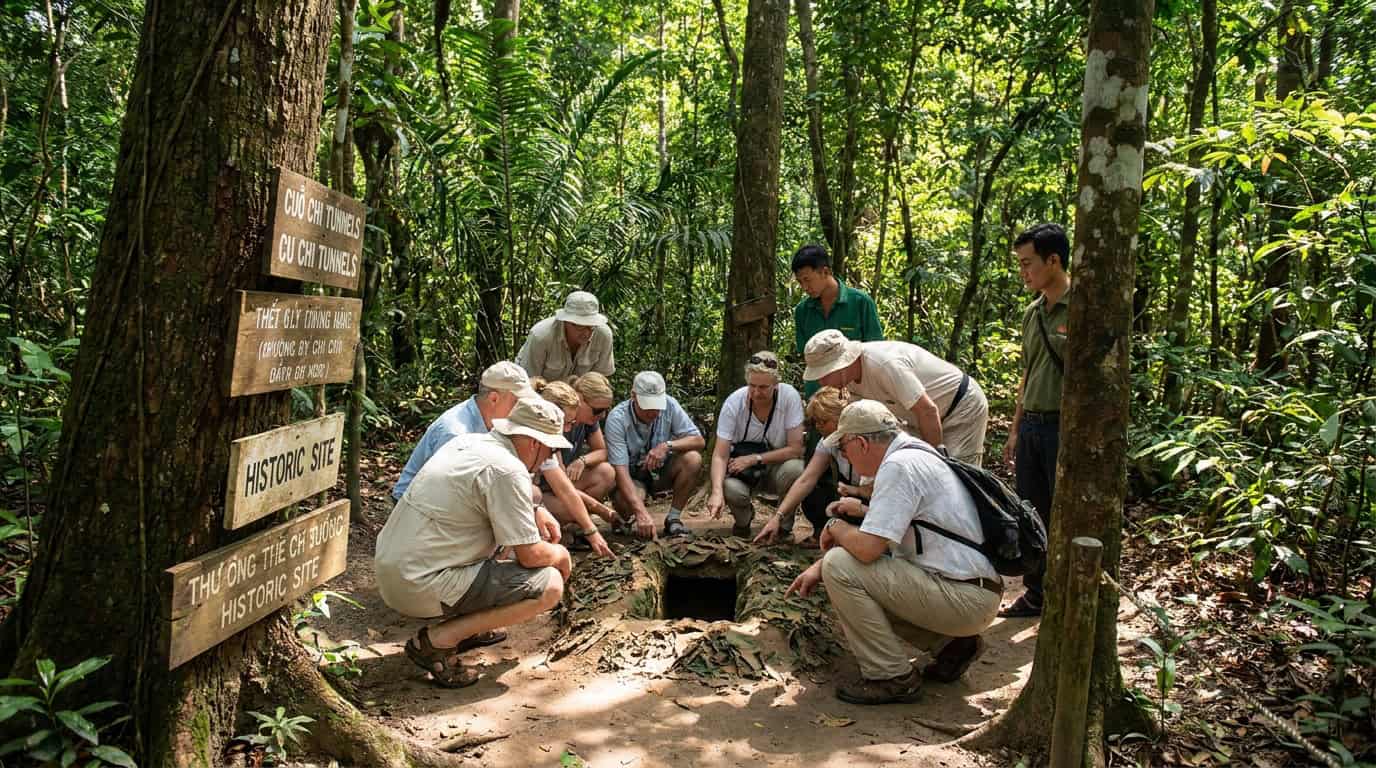 Tourists at Cu Chi Tunnels entrance in Vietnam surrounded by jungle vegetation