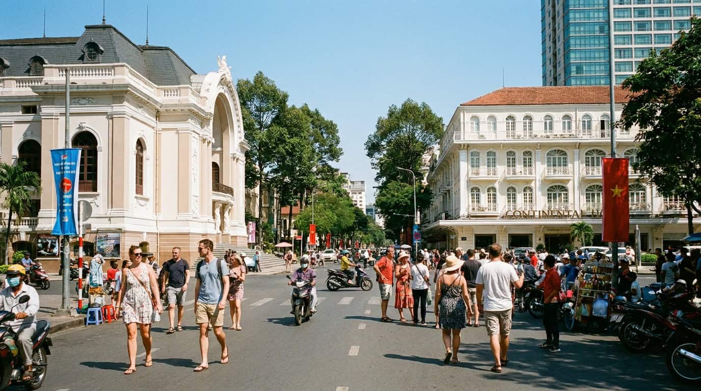 Clear blue sky over District 1 Ho Chi Minh City during dry season with colonial architecture