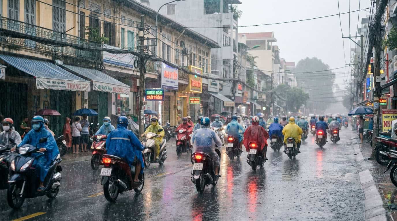 Saigon street during afternoon monsoon rain with motorbikes in rain ponchos and wet road reflections