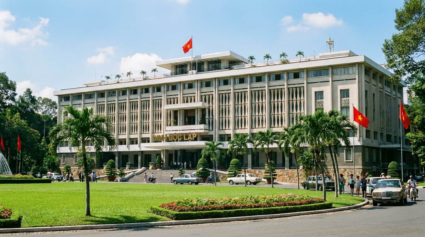 Exterior of Reunification Palace Ho Chi Minh City with palm trees and green lawn