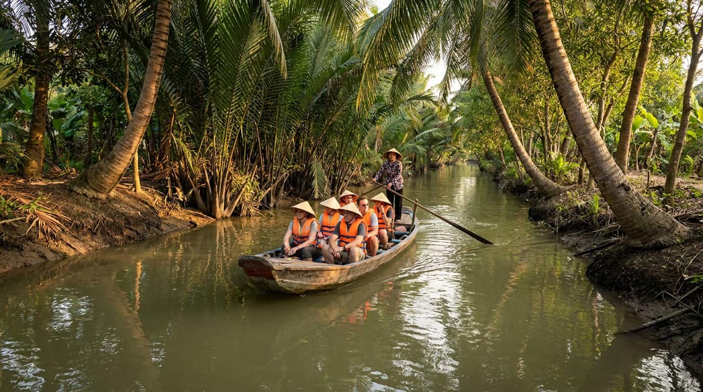 Wooden boat on a narrow Mekong Delta canal lined with palm trees on a day trip from Saigon