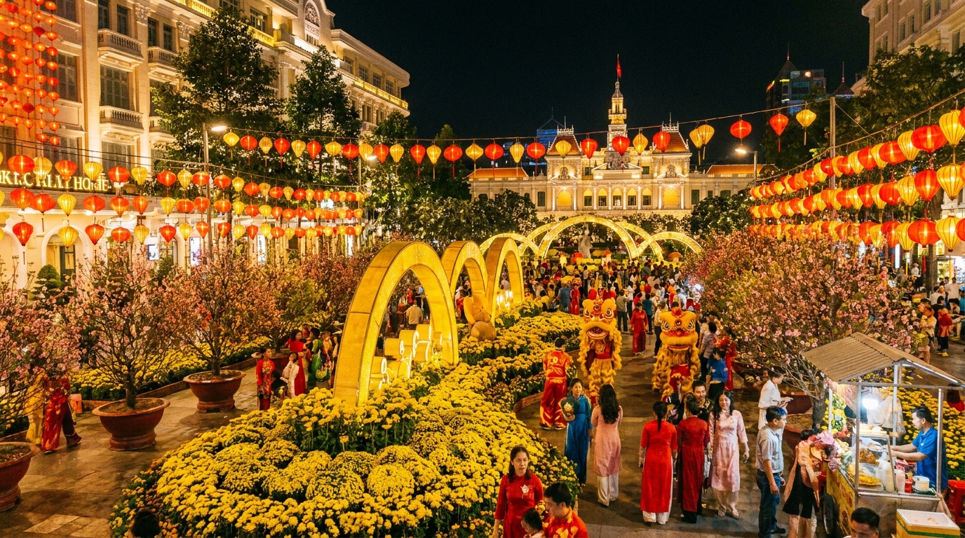 Nguyen Hue Walking Street decorated with Tet New Year flower displays and red lanterns at night